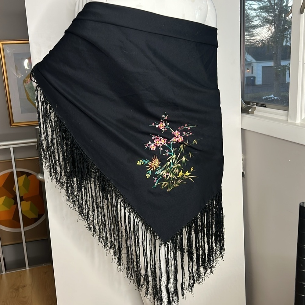 Large 62” Square Vintage Black Poly Embroidered 10” Tassels Piano Shawl Wrap